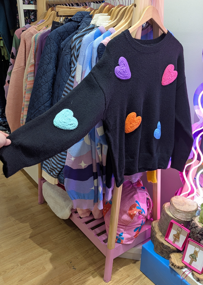 The Edit - Black Knit Jumper with Colourful Hearts