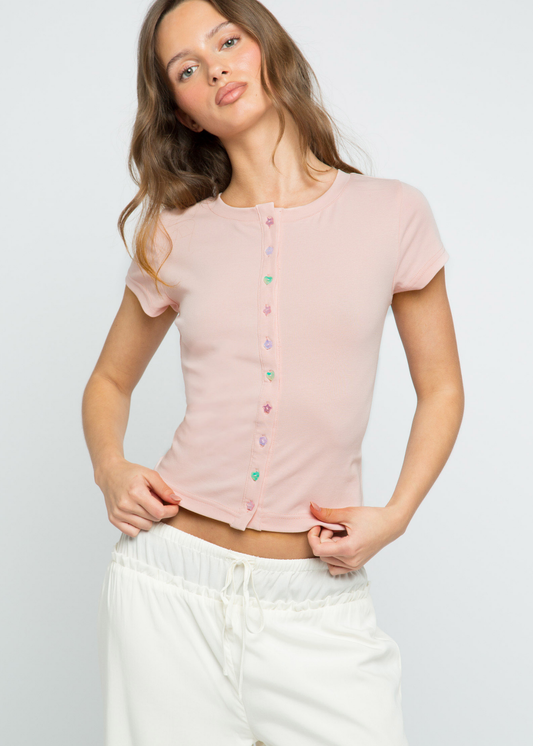 Daisy Street - Blush Button up Short Sleeve Cardigan with Star & Flower Buttons