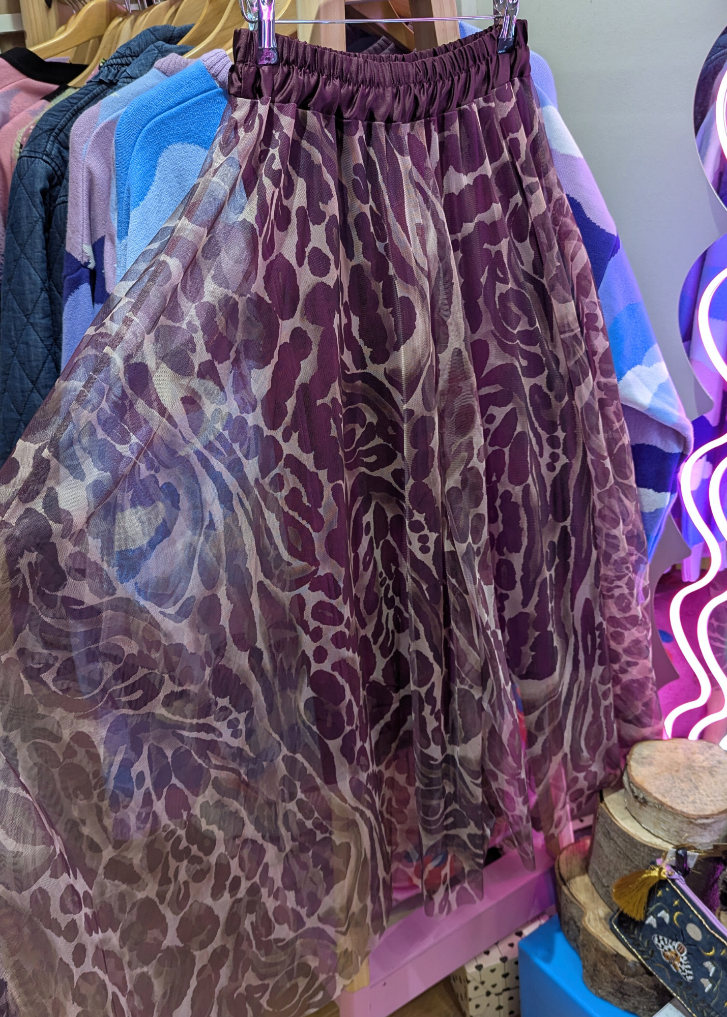 The Edit - Burgundy & Stone Leopard Mesh Midi Skirt