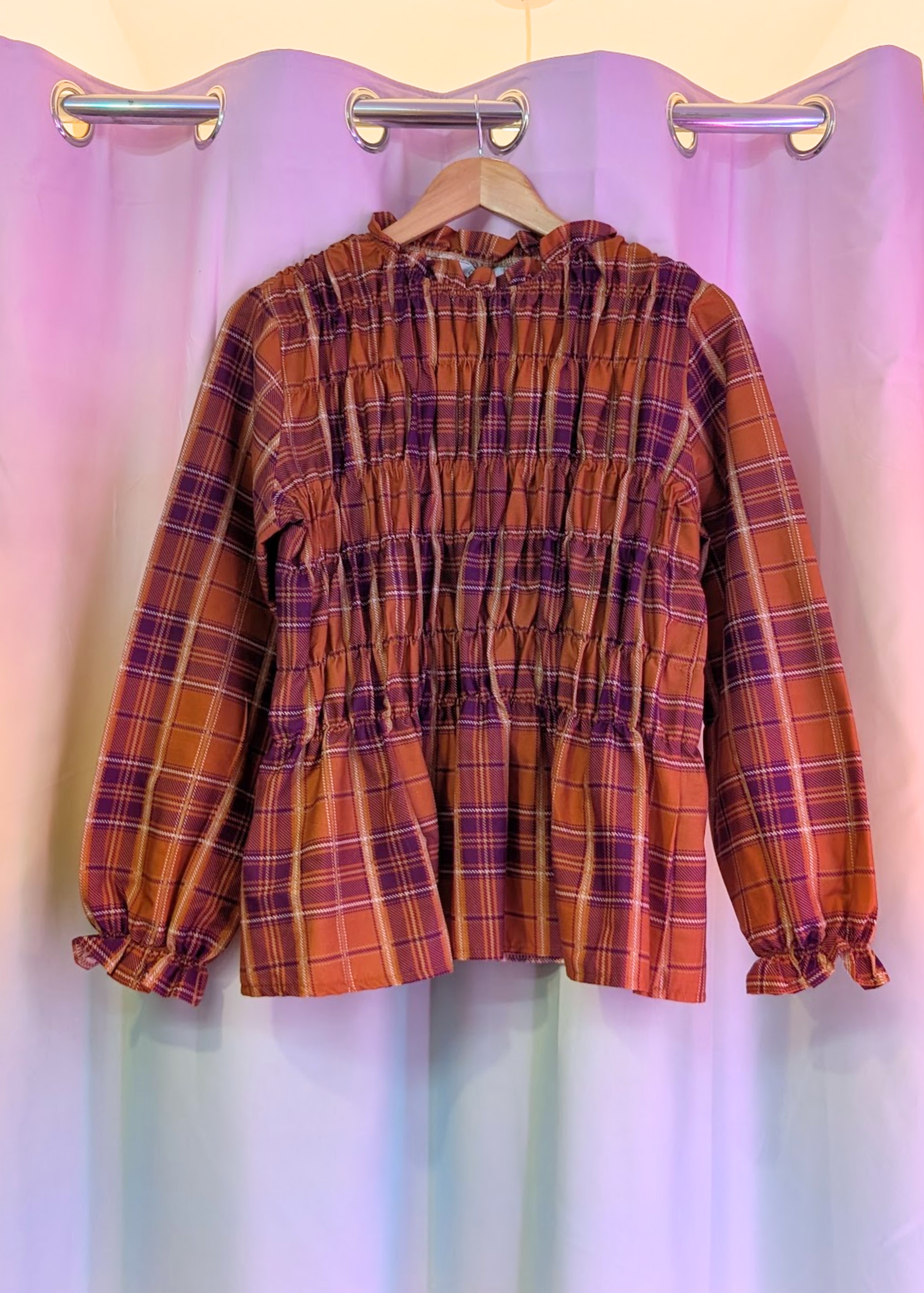 The Edit - Orange and Purple Plaid Shirred Long Sleeve Top
