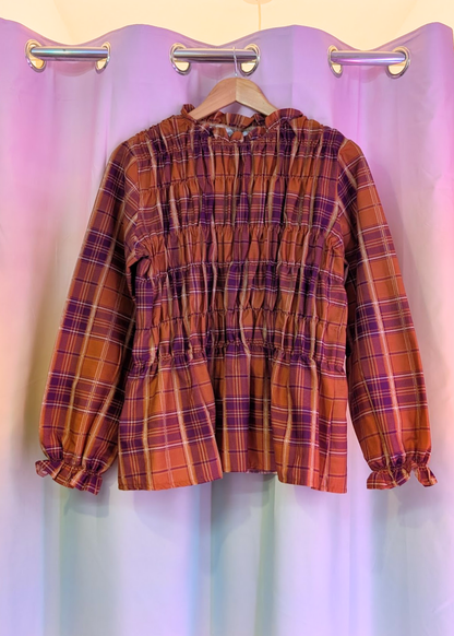 The Edit - Orange and Purple Plaid Shirred Long Sleeve Top