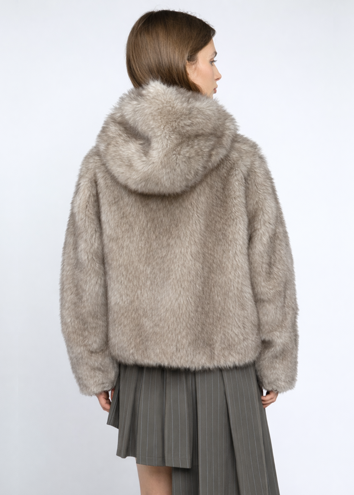 Daisy Street - Grey Plush Faux Fur Hooded Coat