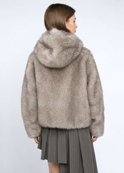 Daisy Street - Grey Plush Faux Fur Hooded Coat