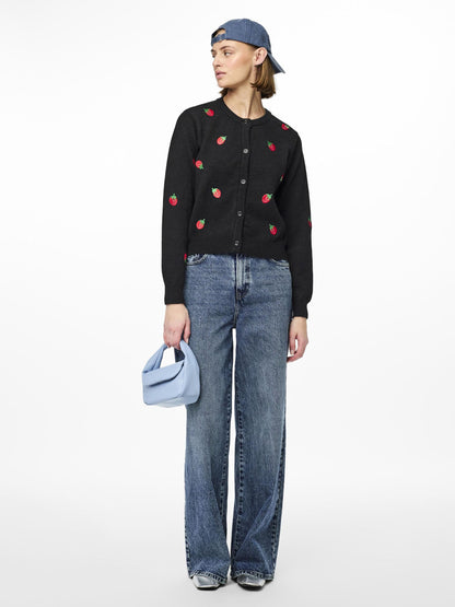 Pieces - Strawberry Embroidered Black Knit Cardigan