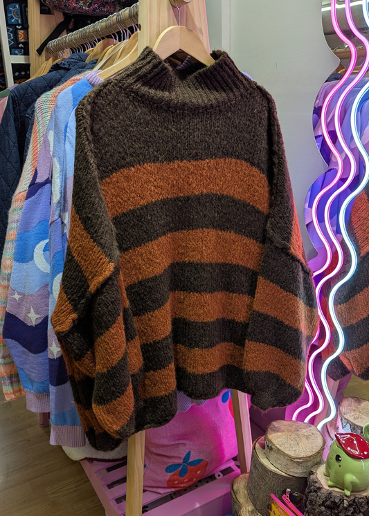 The Edit - Oversized Brown & Rust Knitted Stripe Jumper with Exposed Seams