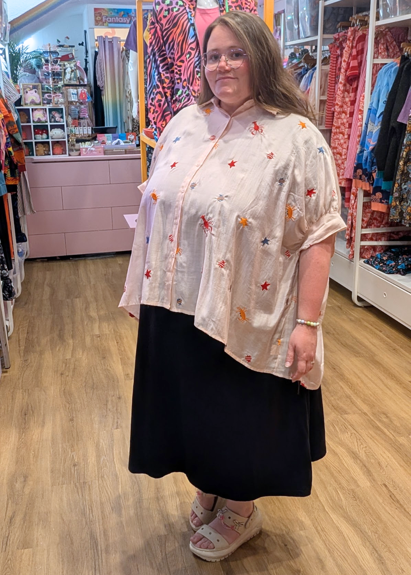 The Edit - Under the Sea Embroidered Oversized Shirt in Pale Pink
