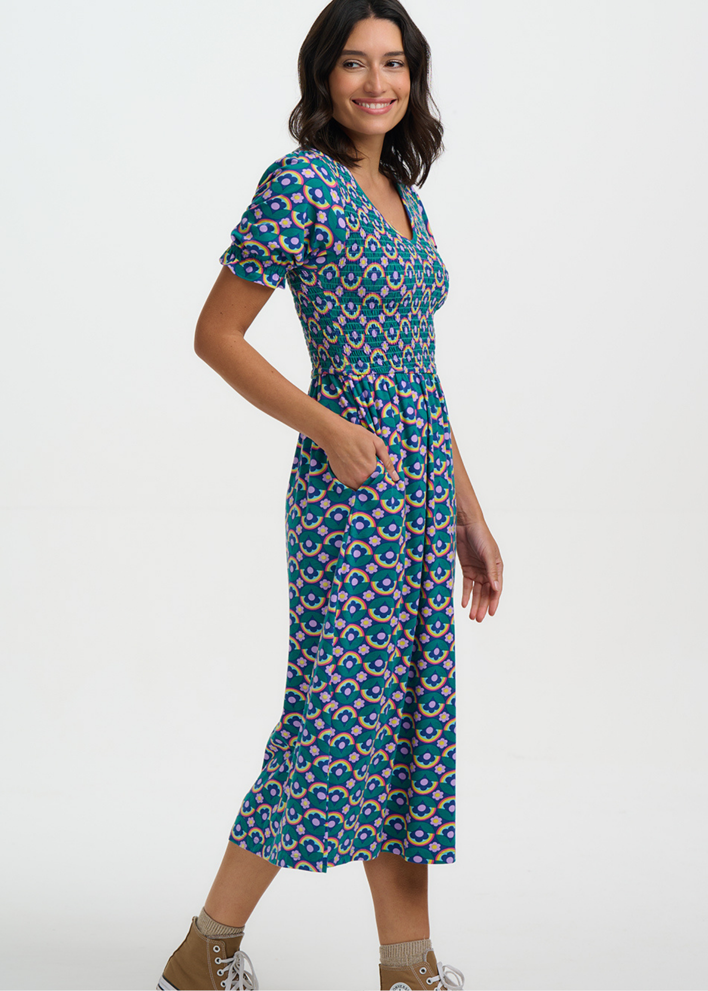 Sugarhill Brighton - Daphne Shirred Kaleidoscope Daisy Jersey Midi Dress