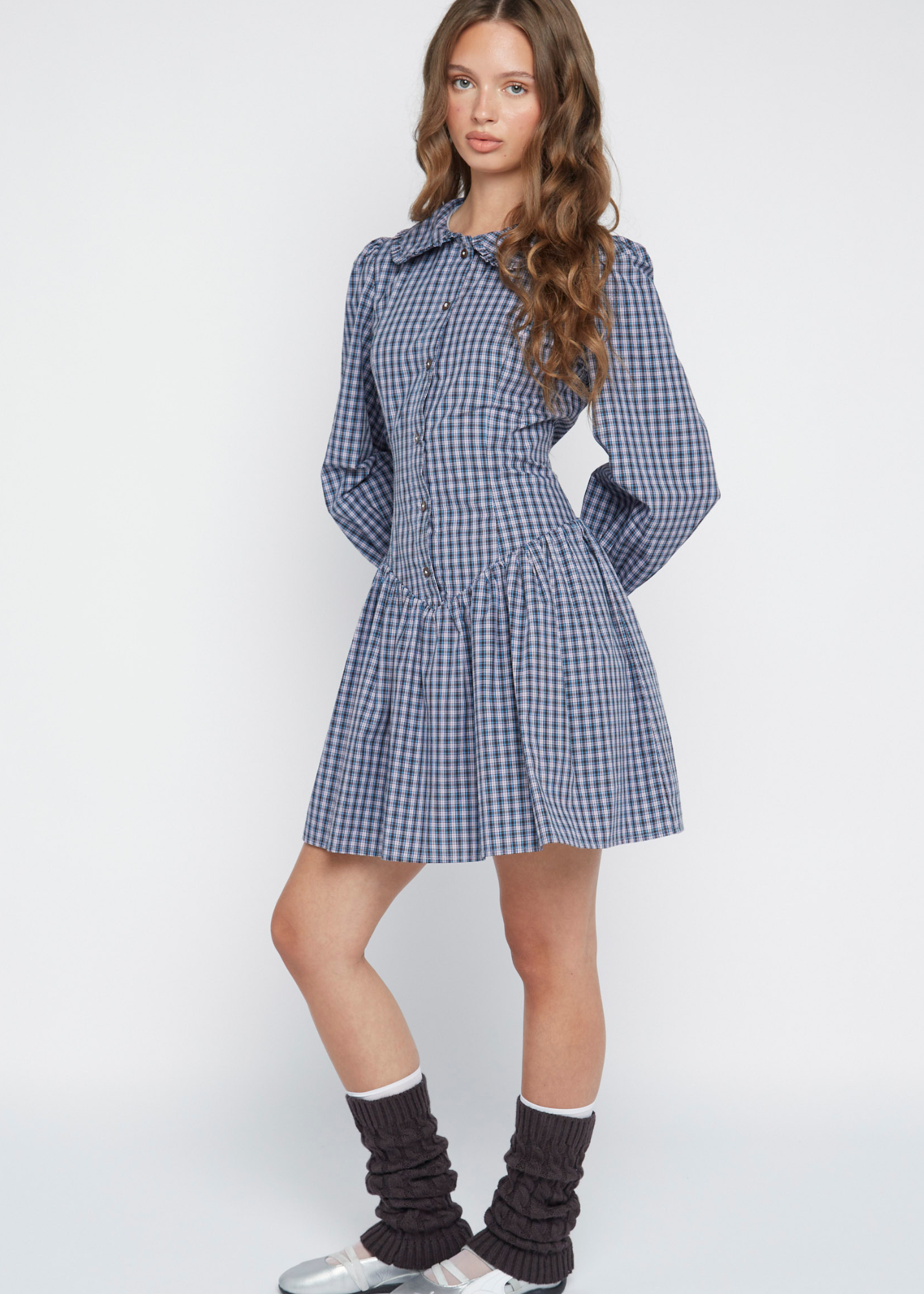 Daisy Street - Dove Blue Check Button Up Mini Dress