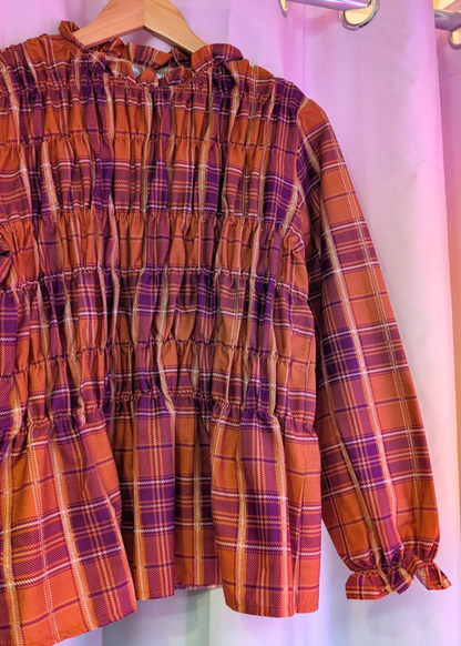 The Edit - Orange and Purple Plaid Shirred Long Sleeve Top