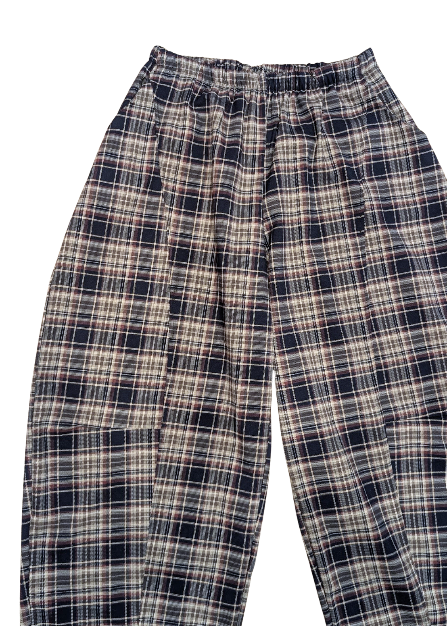 The Edit - Navy & Burgundy Plaid Check Barrel Trousers