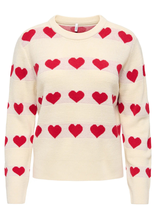 Only - Cream and Red Hearts Knit Jumper