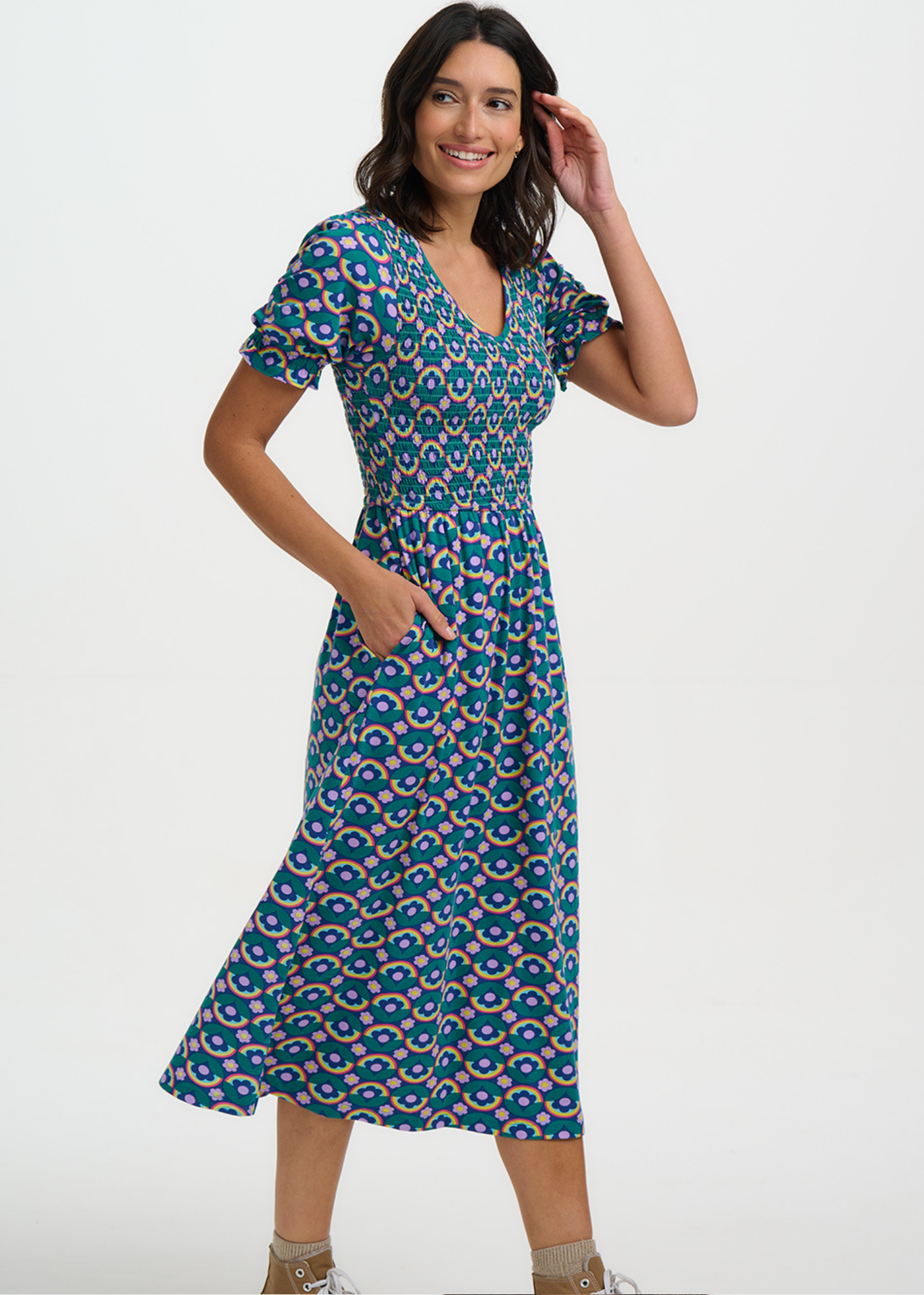 Sugarhill Brighton - Daphne Shirred Kaleidoscope Daisy Jersey Midi Dress