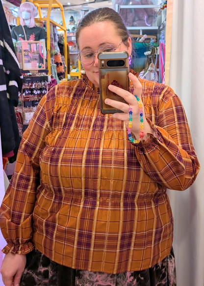 The Edit - Orange and Purple Plaid Shirred Long Sleeve Top