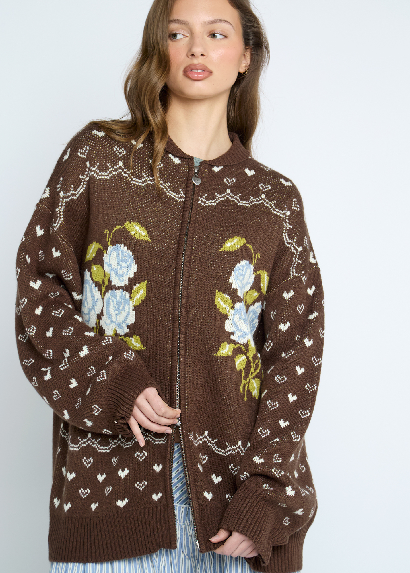 Daisy Street - Brown Knitted Rosette Zip Cardigan