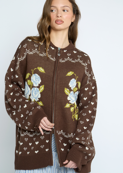 Daisy Street - Brown Knitted Rosette Zip Cardigan