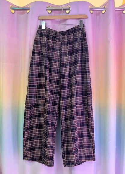 The Edit - Navy & Burgundy Plaid Check Barrel Trousers