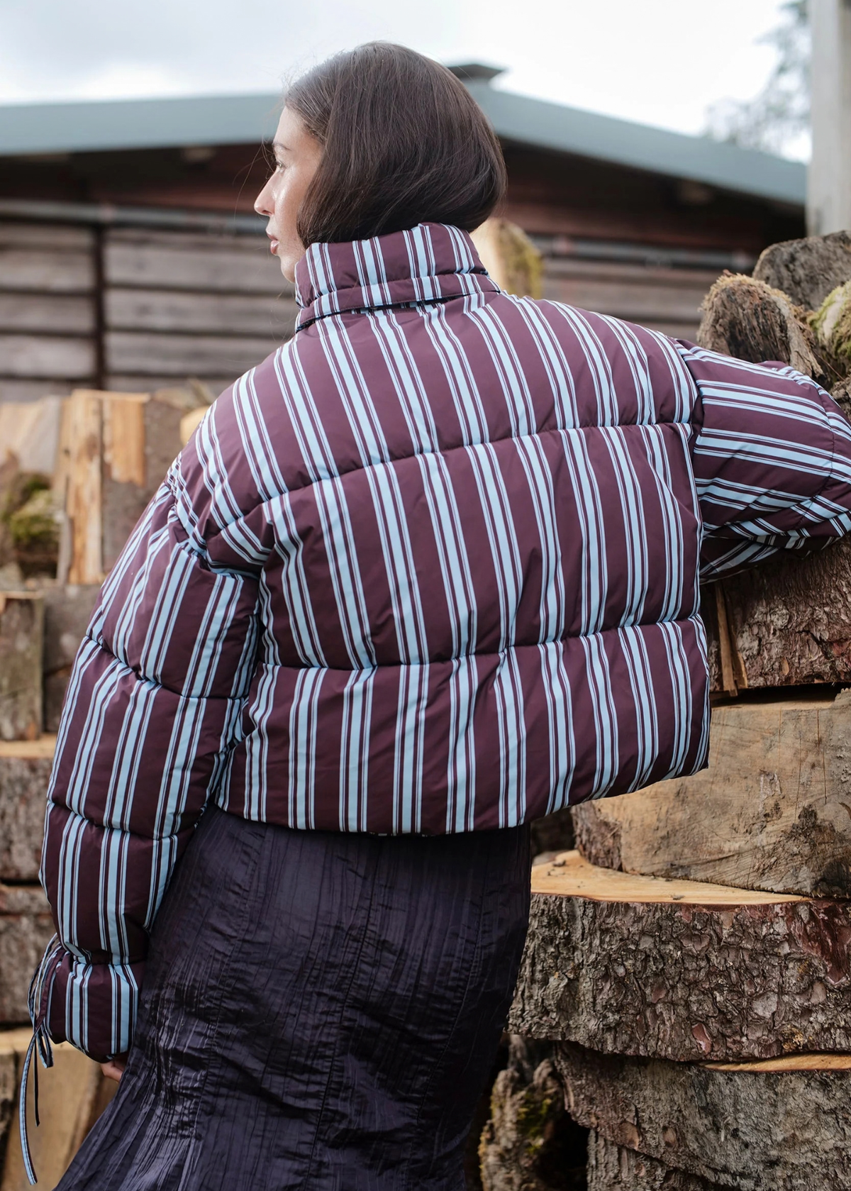 Daisy Street - Cocoa Striped Tie Front Puffer Jacket