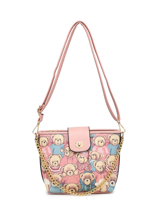 The Edit - Vintage-Style Embroidered Bear Handbag in Pink