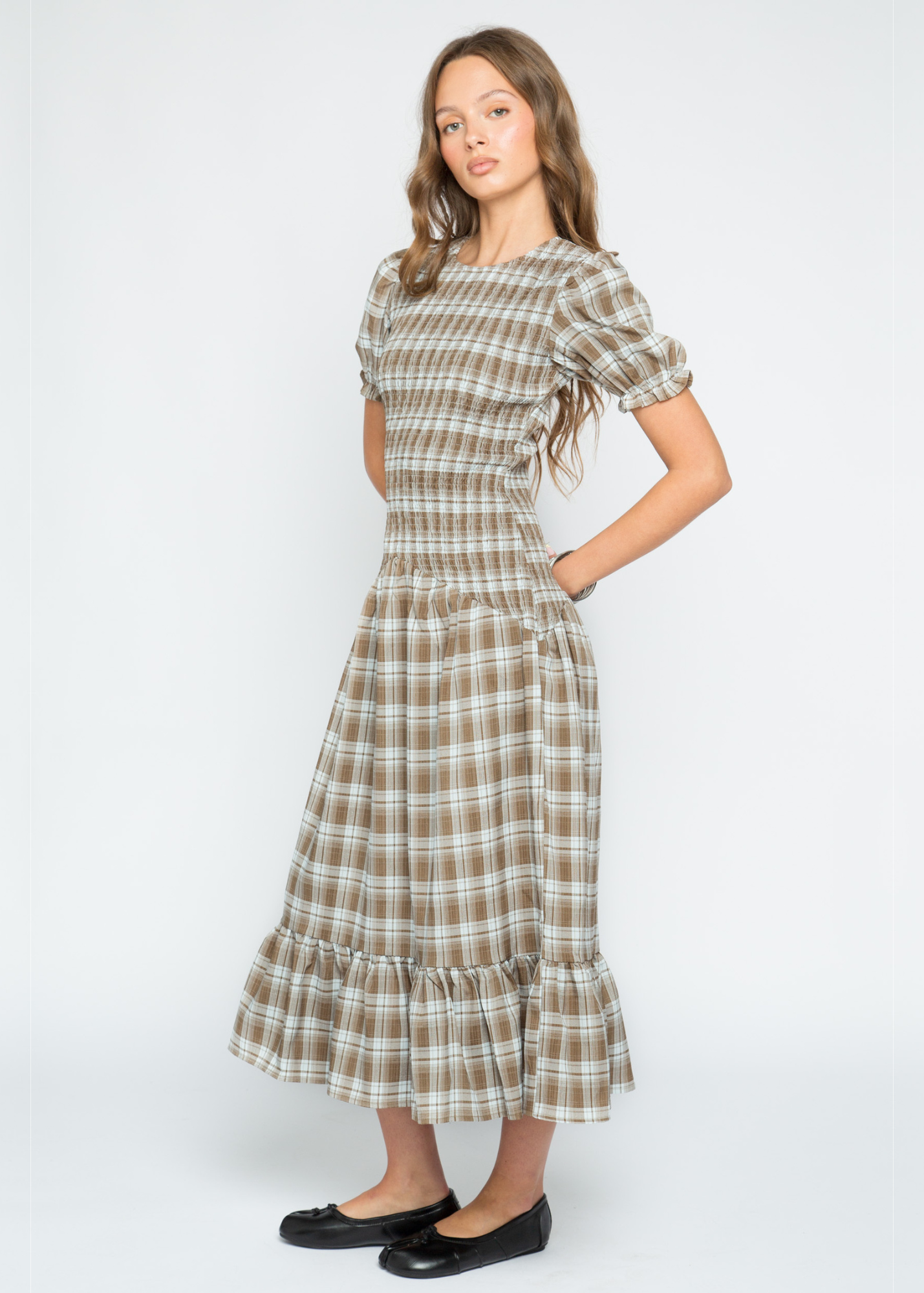 Daisy Street - Nectar Check Shirred Midaxi Dress