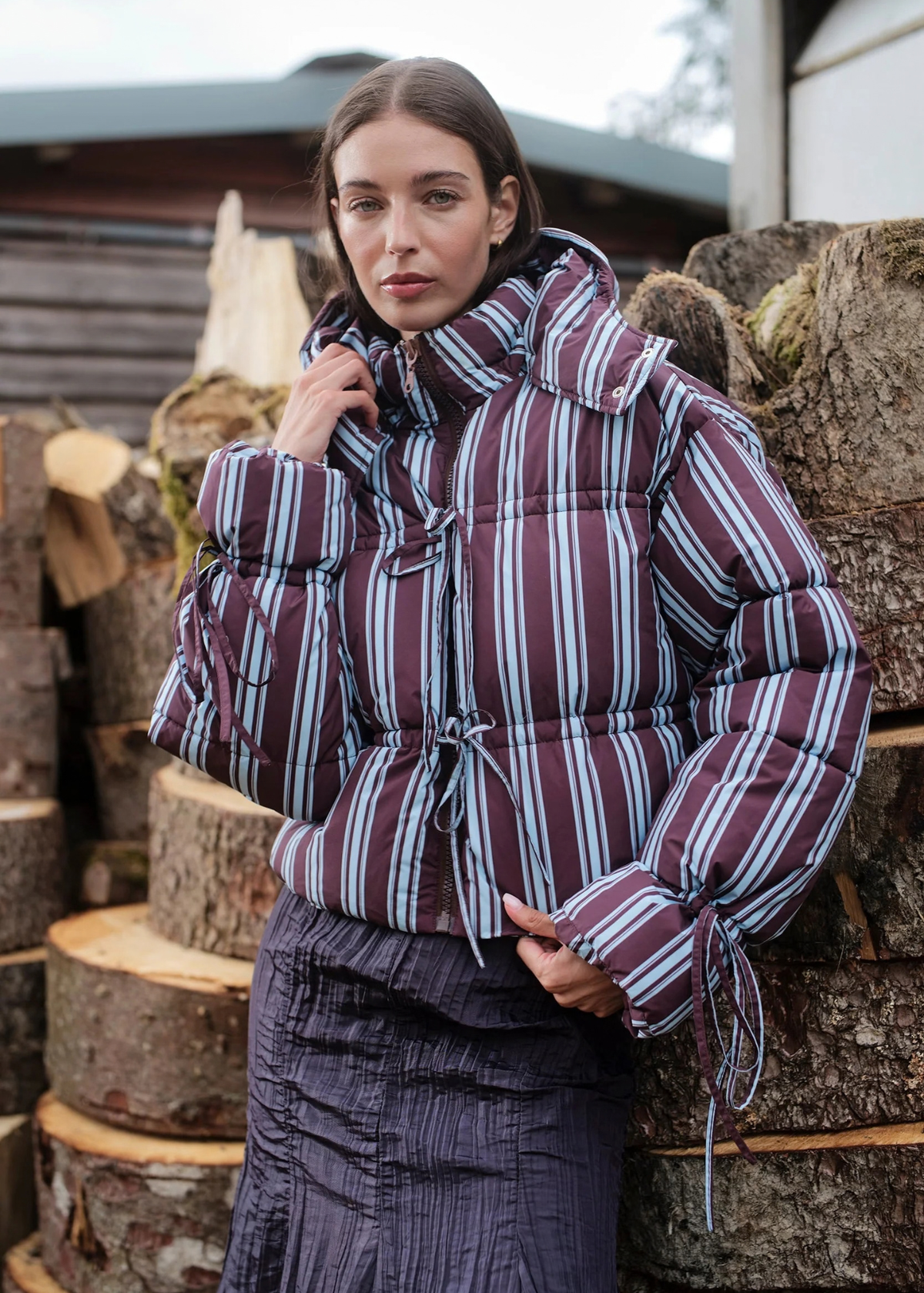 Daisy Street - Cocoa Striped Tie Front Puffer Jacket