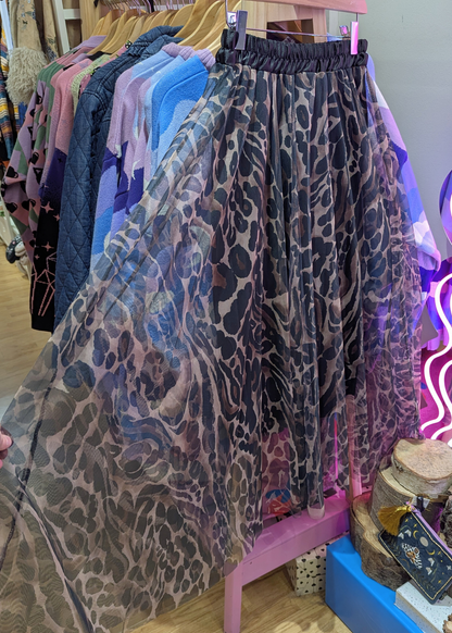 The Edit - Black & Brown Leopard Mesh Midi Skirt