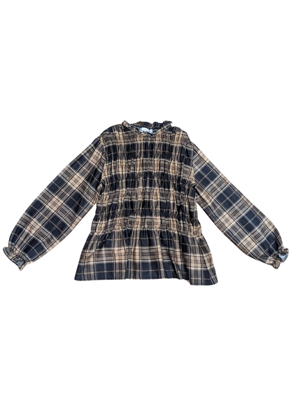 The Edit -Black and Stone Plaid Shirred Long Sleeve Top