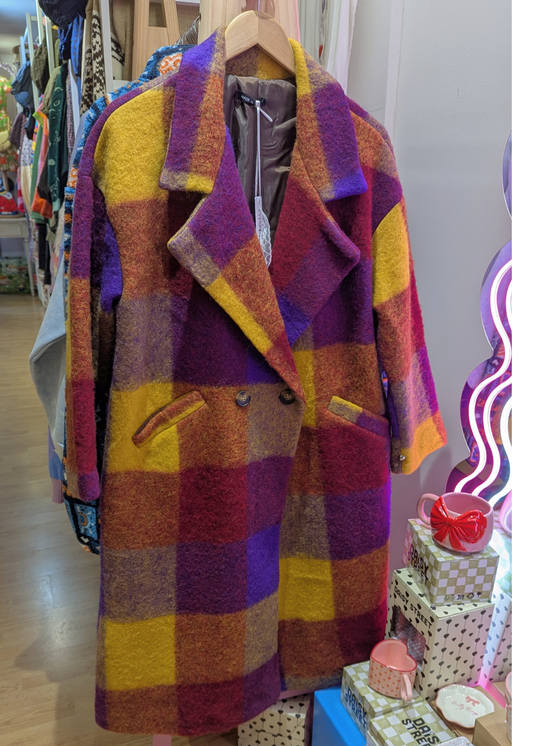 The Edit - Oversized Burgundy, Mustard Yellow & Purple Checked Coat