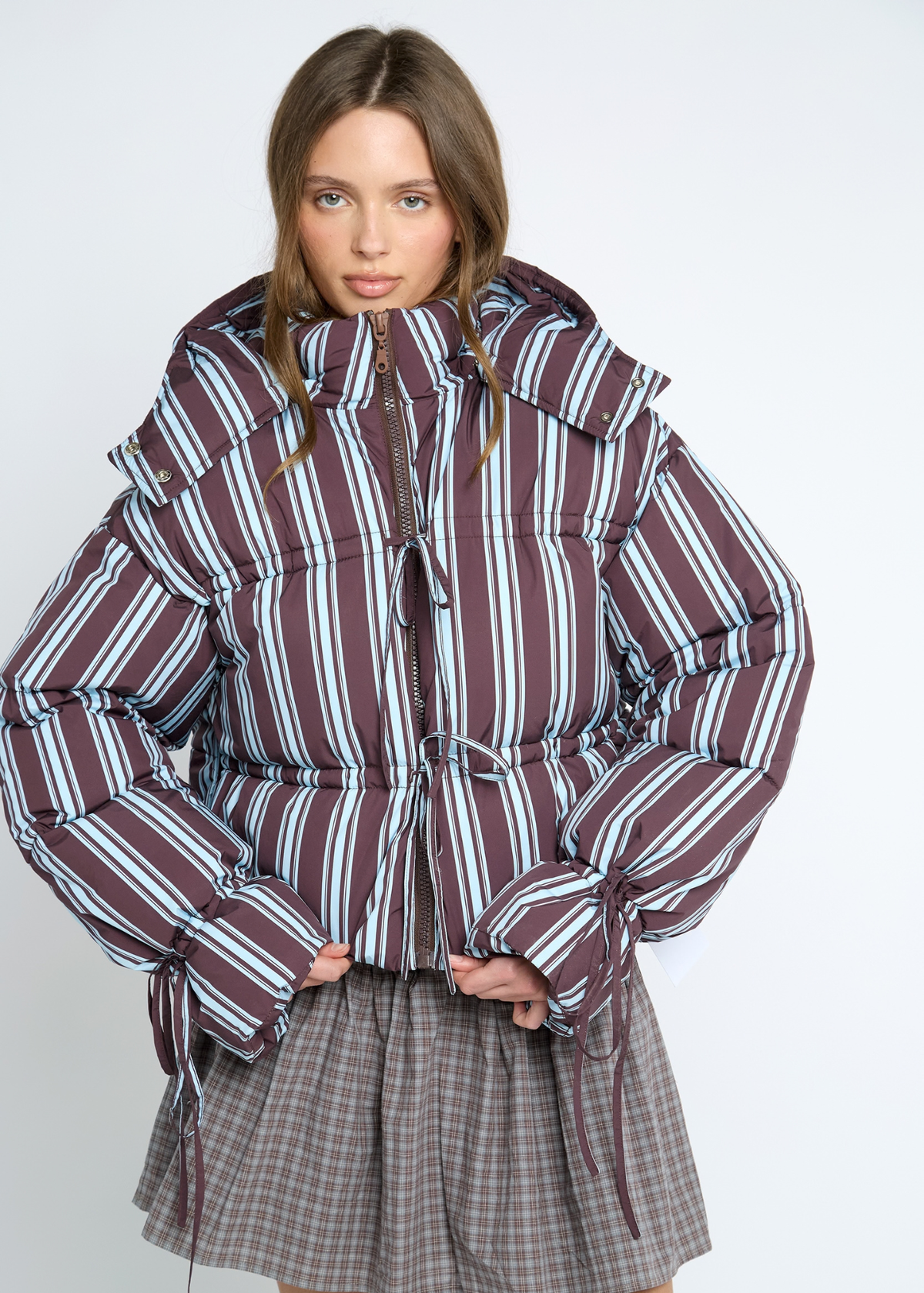 Daisy Street - Cocoa Striped Tie Front Puffer Jacket