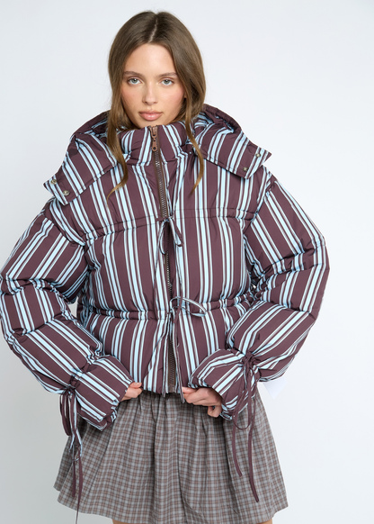 Daisy Street - Cocoa Striped Tie Front Puffer Jacket