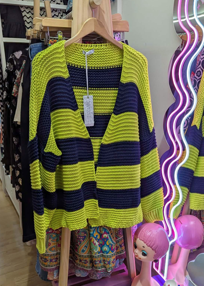 The Edit - Lime & Navy Striped Knit Cardigan