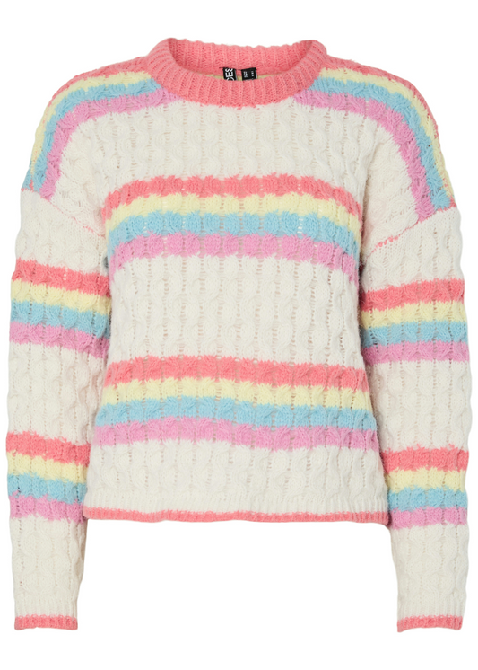 Pieces - Cream and Rainbow Stripe Knit Cable Jumper