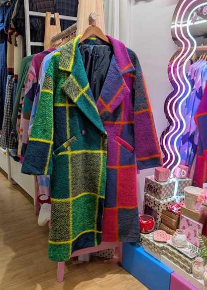 The Edit - Oversized Half 'n' Half Colourful Check Blanket Coat in Pink, Orange & Green