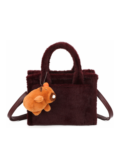 The Edit - Wine Faux Fur Tote Handbag with Capybara Charm