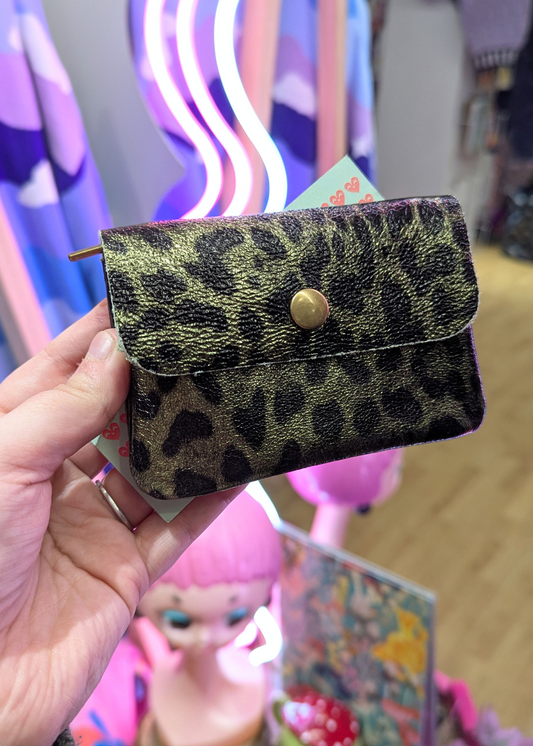 The Edit - Rectangle Leather Coin Purse Metallic Khaki Leopard Print