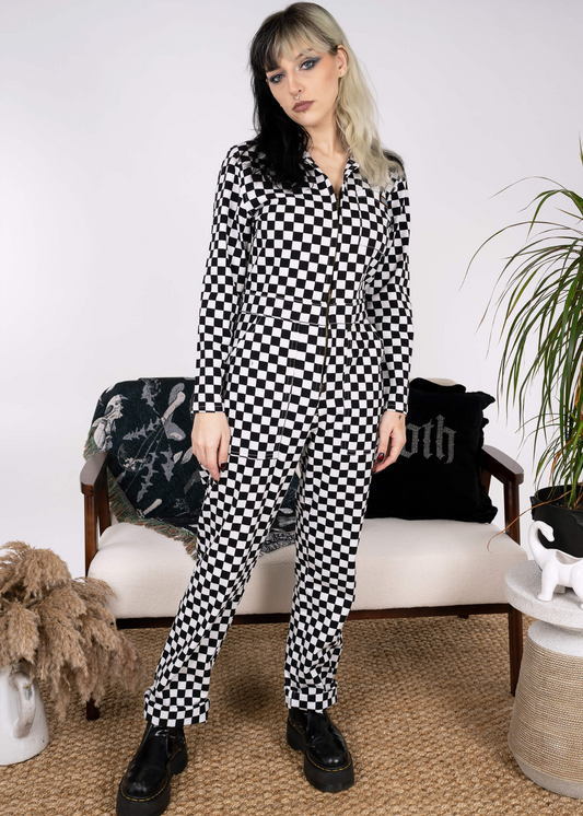Run & Fly - Black & White Checkerboard Stretch Twill Boiler Suit