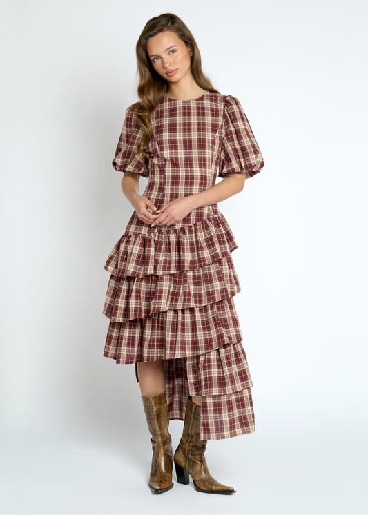Daisy Street -Thalia Red Check Asymmetrical Dress