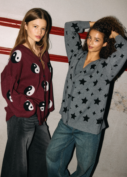 Noisy May - Burgundy Yin Yang Oversized Knit Cardigan