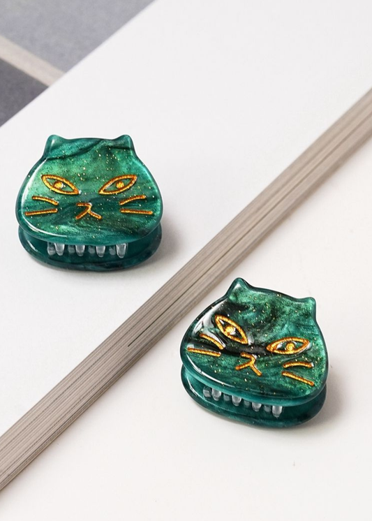 The Edit - Teal Pearly Kitty Face Hair Claw Duo