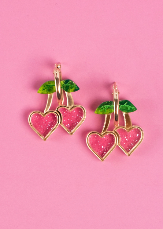 Cuteryko - Pink Cherry Heart Hoop Earrings