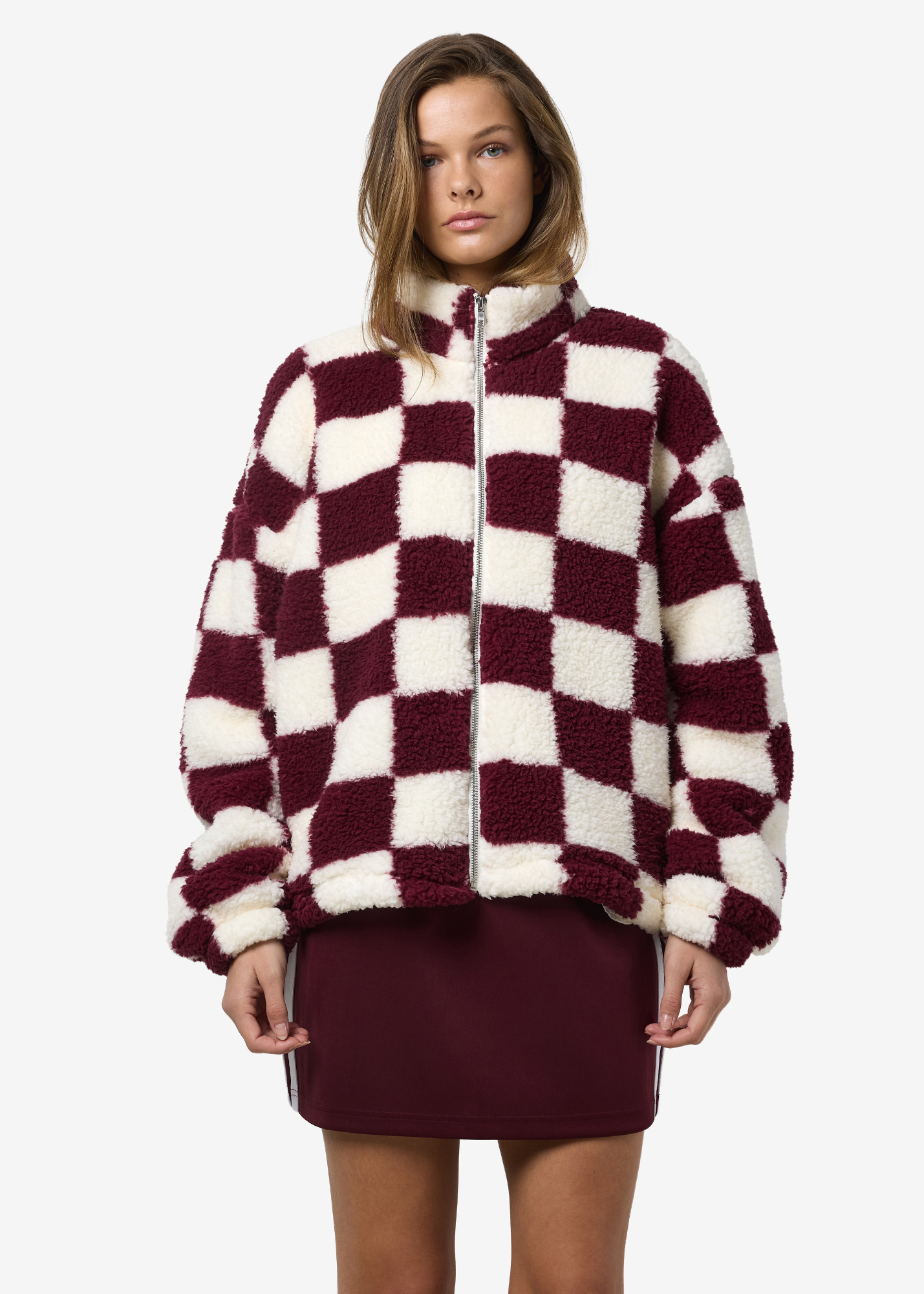Noisy May - White and Burgundy Checkerboard Fleece
