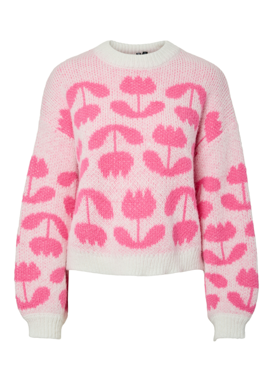 Pieces - Pink Flowers Jacquard Knit Jumper