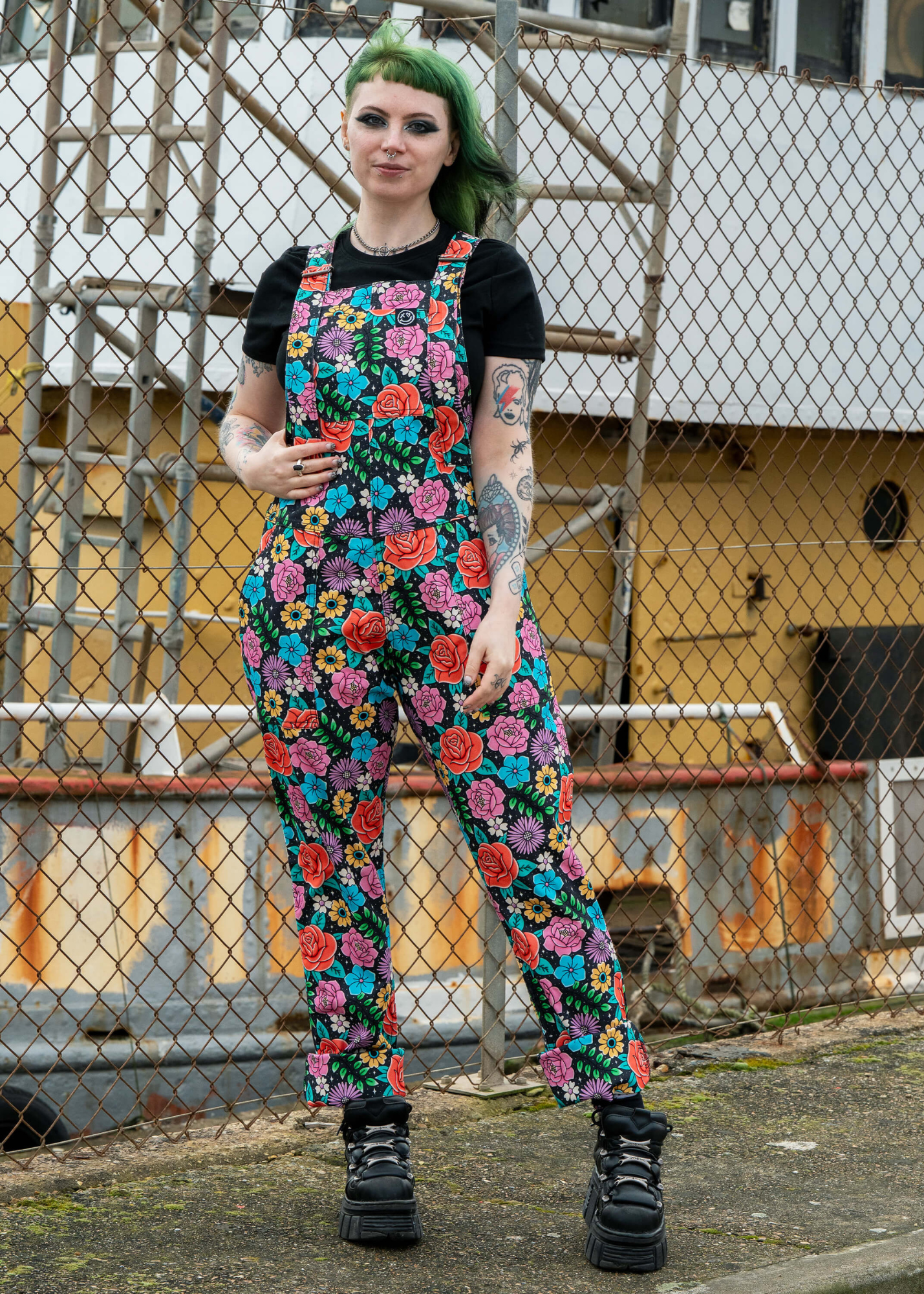 Rebel Romance - Tattoo Floral Stretch Dungarees