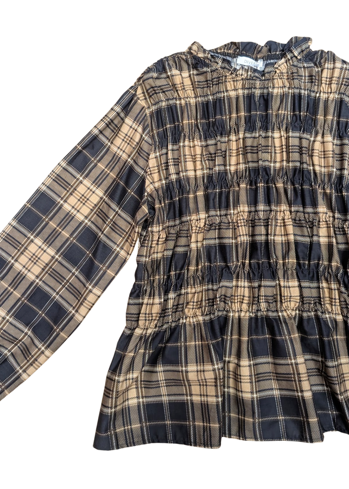 The Edit -Black and Stone Plaid Shirred Long Sleeve Top