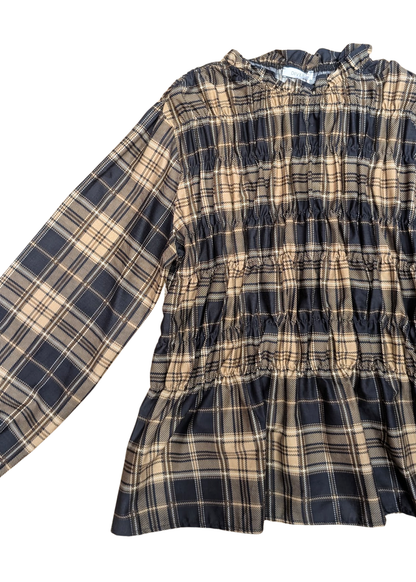 The Edit -Black and Stone Plaid Shirred Long Sleeve Top