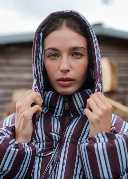 Daisy Street - Cocoa Striped Tie Front Puffer Jacket