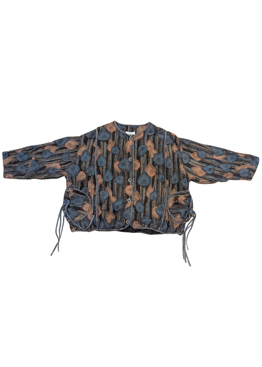 The Edit - Oversized Vintage Style Peacock Feather Denim Jacket in Teal & Orange