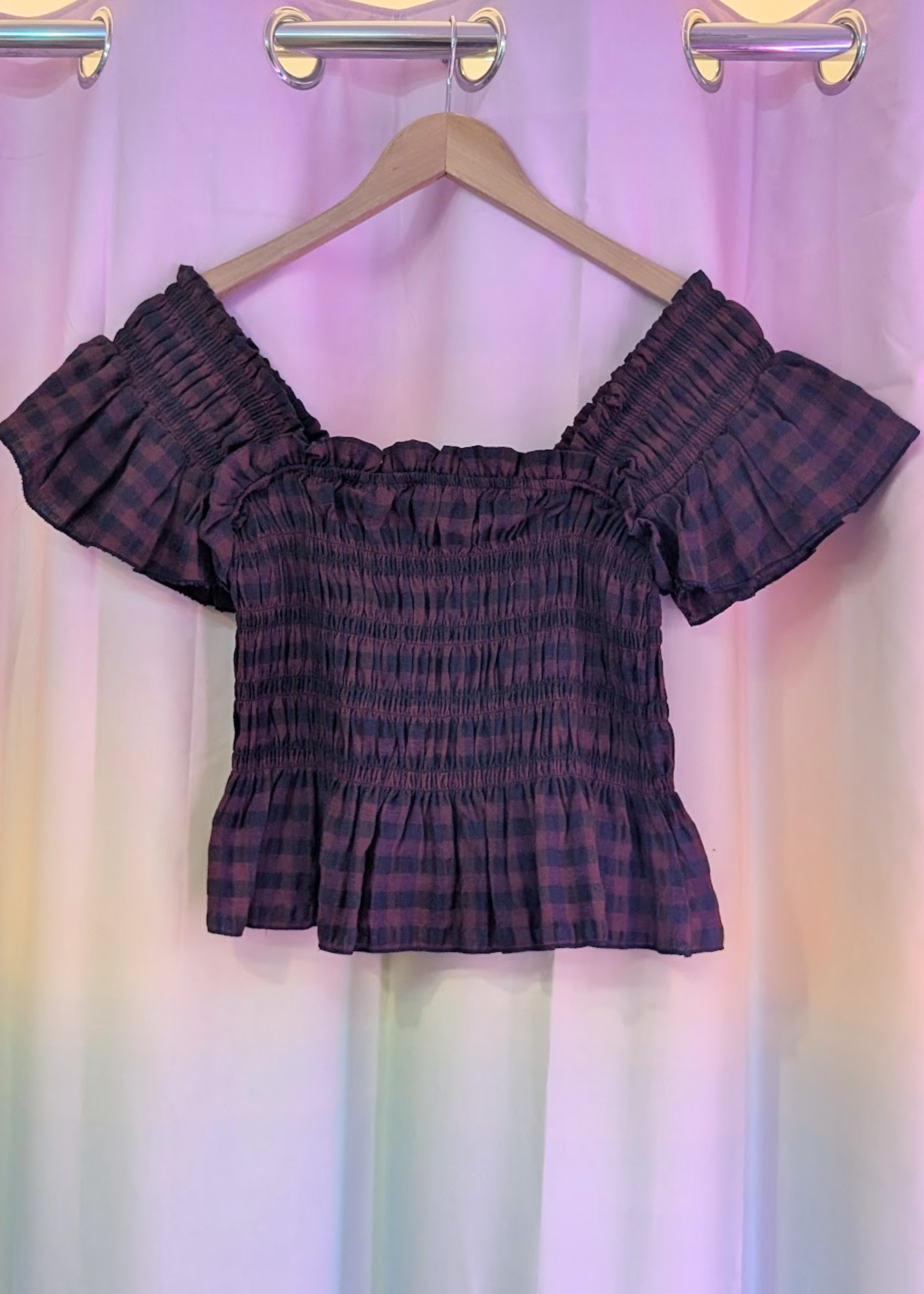 The Edit - Orange & Purple Gingham Check Shirred Bardot Top