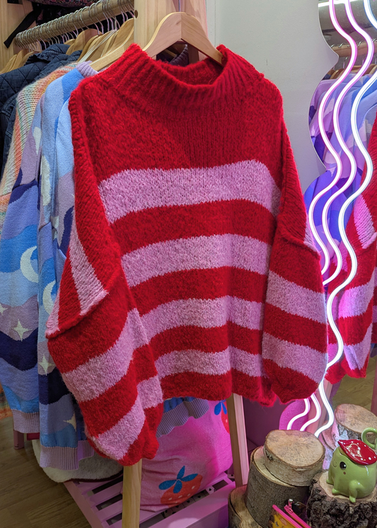 The Edit - Oversized Pink & Red Knitted Stripe Jumper with Exposed Seams
