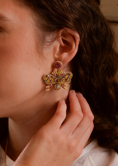 My Doris - Beaded Bee Earrings in Gold and Pink
