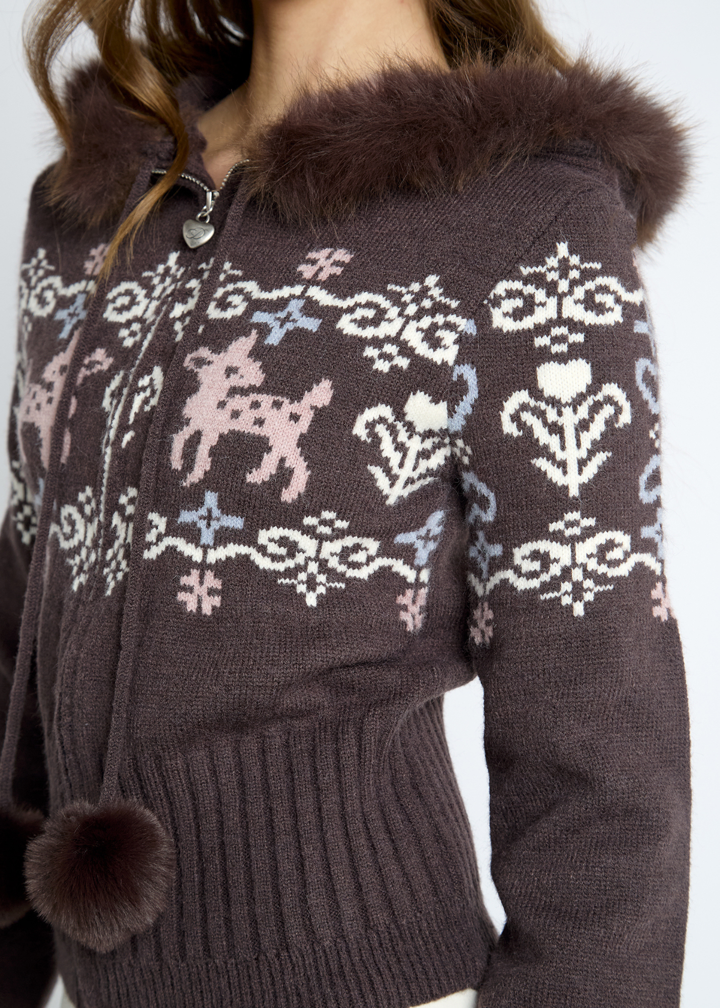 Daisy Street - Knitted Eclair Bambi Pom Pom Hooded Cardigan